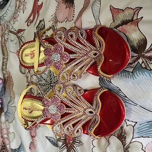 Honeystore Red Pink Gold Rhinestone Strappy Heels